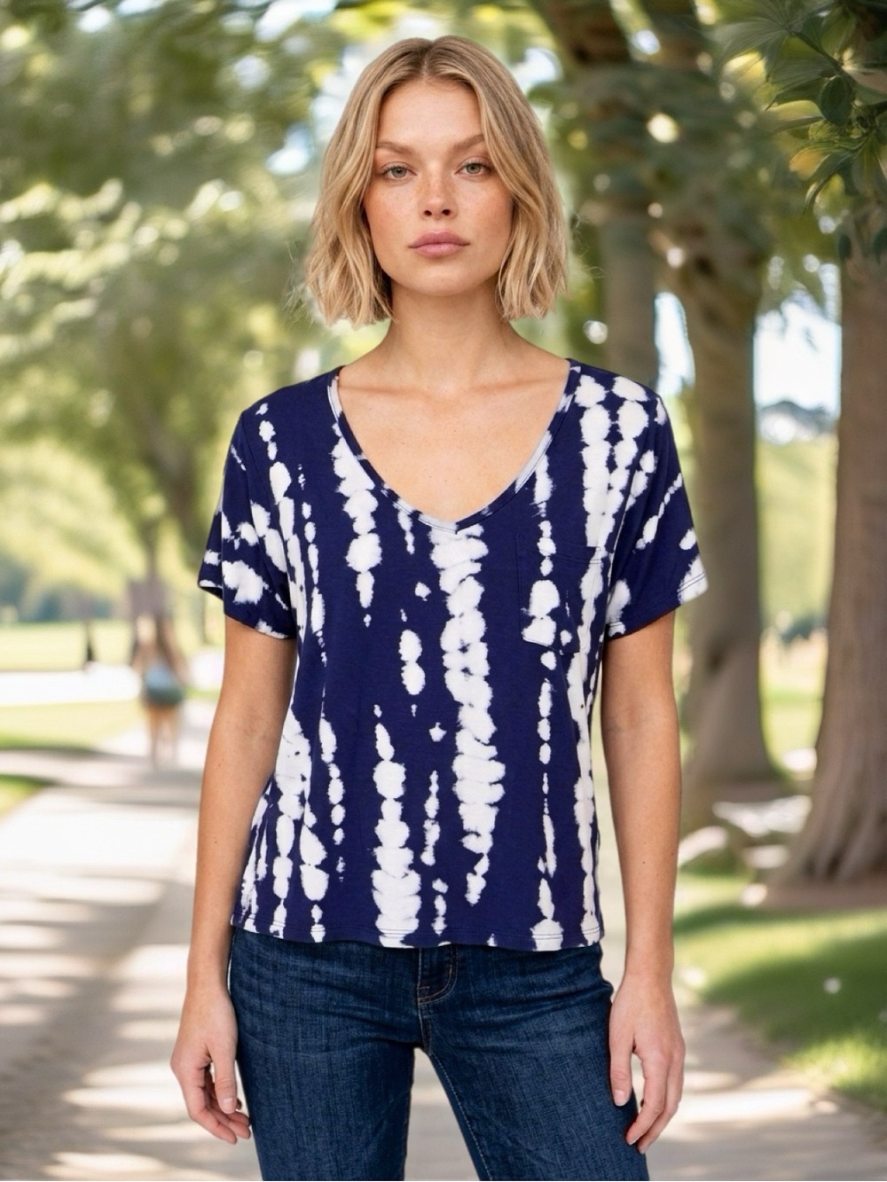 Tie-Dye V-Neck Women's Top - Navy/White